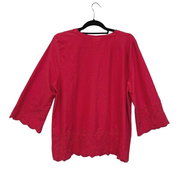 J. Jill Swing Top Red Laser Cut Lace 3/4 Sleeve 100% Cotton Knit Blouse Sz XL - Picture 4 of 13